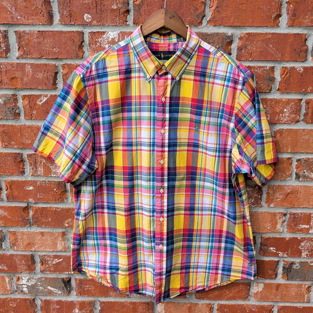 Ralph Lauren Madras Plaid Shirt Mens XL Yellow Pink Short Sleeve Button Down
